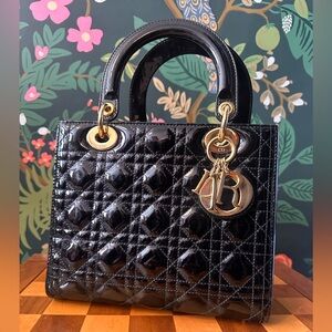 Christian Dior Lady Dior Black Patent Cannage Calfskin Medium GOLD Hardware